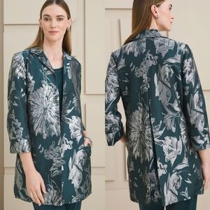 NWT Chico's Travelers Green and Silver Floral Jacquard Jacket